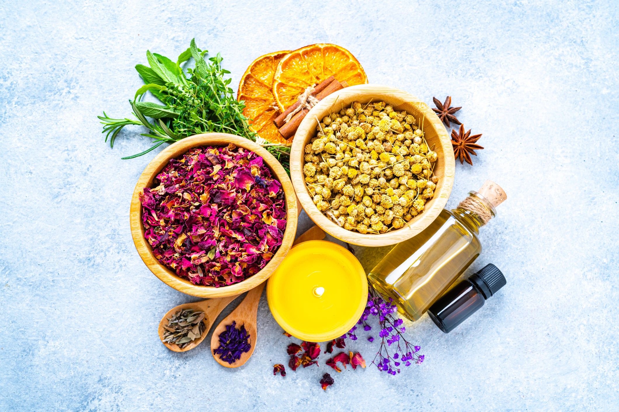 Aromatherapy oils and herbal wellness ingredients for spa treatments