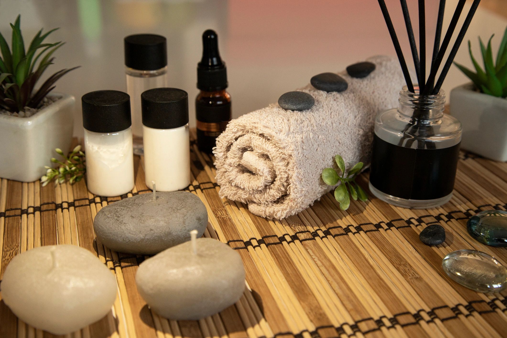 Spa concept with aromatherapy and wellness items
